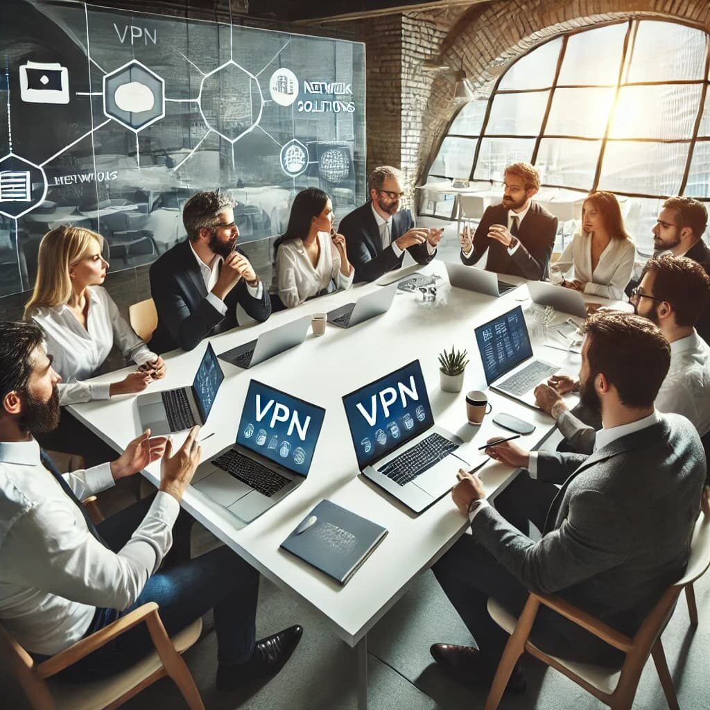 A group of people discusses VPN solutions around a table with laptops open